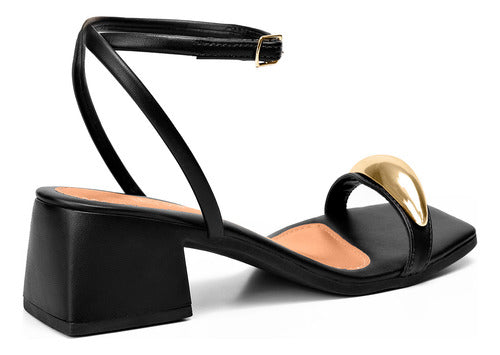 Sandália Feminina Salto Baixo Bloco Enfeite Metalizado