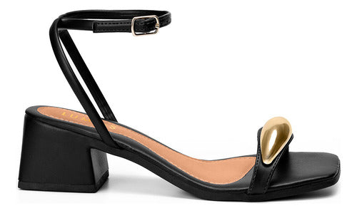 Sandália Feminina Salto Baixo Bloco Enfeite Metalizado