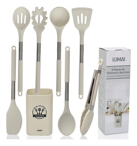 Kit 8 Utensilios De Cozinha De Silicone Cabo De Inox Grande