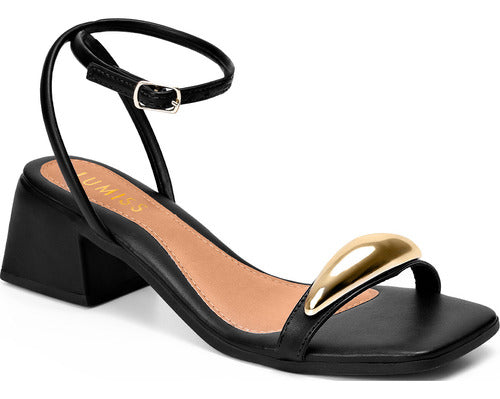 Sandália Feminina Salto Baixo Bloco Enfeite Metalizado