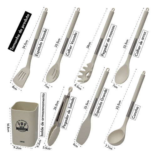 Kit 8 Utensilios De Cozinha De Silicone Cabo De Inox Grande