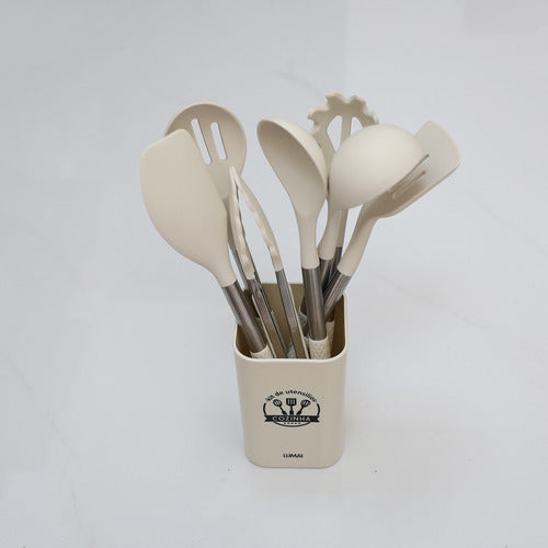 Kit 8 Utensilios De Cozinha De Silicone Cabo De Inox Grande